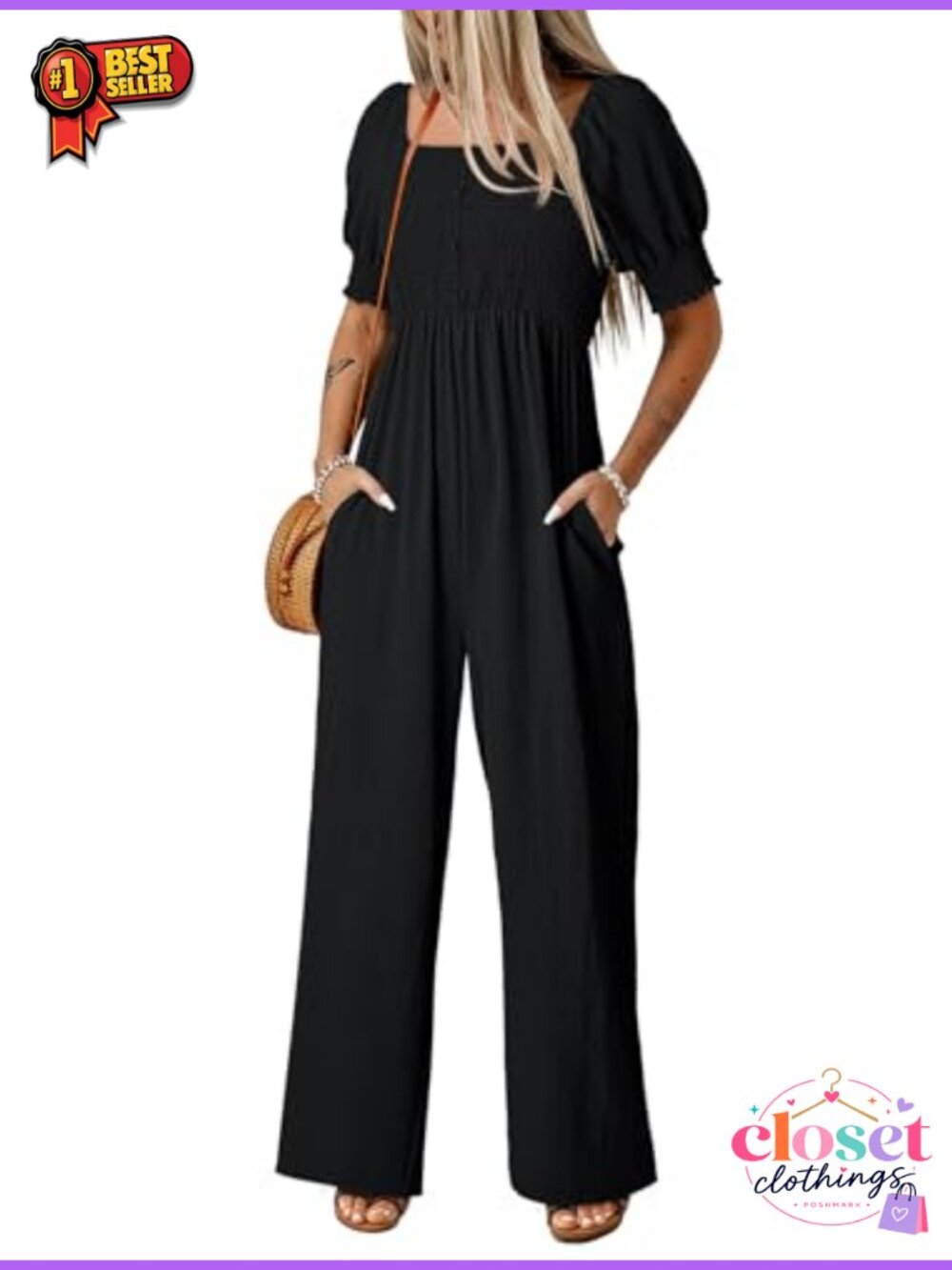 Women's Wide Leg Jumpsuit Lantern Sleeve High Waist Romper with Pockets